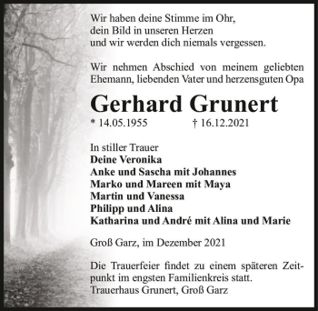 Traueranzeige von Gerhard Grunert  von Magdeburger Volksstimme