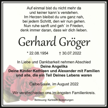 Traueranzeige von Gerhard Gröger  von Magdeburger Volksstimme