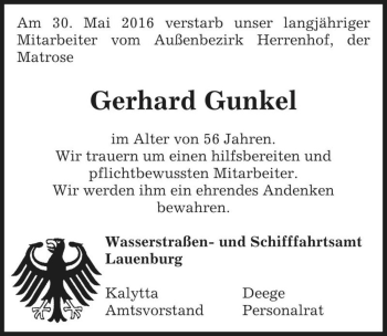 Traueranzeige von Gerhard Gunkel  von Magdeburger Volksstimme