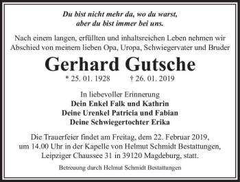 Traueranzeige von Gerhard Gutsche  von Magdeburger Volksstimme
