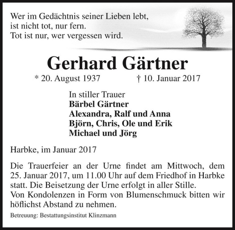  Traueranzeige für Gerhard Gärtner  vom 14.01.2017 aus Magdeburger Volksstimme