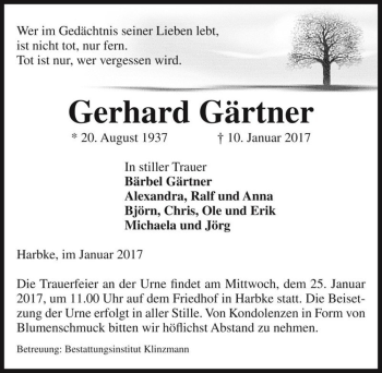 Traueranzeige von Gerhard Gärtner  von Magdeburger Volksstimme