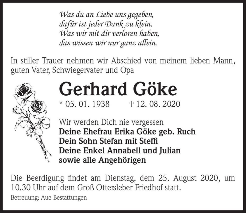  Traueranzeige für Gerhard Göke  vom 15.08.2020 aus Magdeburger Volksstimme