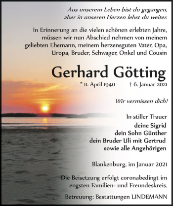 Traueranzeige von Gerhard Götting  von Magdeburger Volksstimme