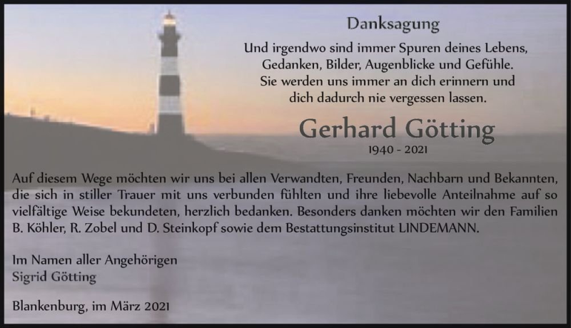 Traueranzeige für Gerhard Götting  vom 03.04.2021 aus Magdeburger Volksstimme