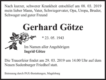 Traueranzeige von Gerhard Götze  von Magdeburger Volksstimme