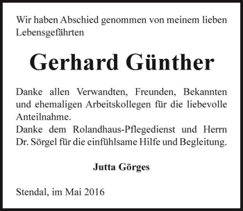 Traueranzeige von Gerhard Günther  von Magdeburger Volksstimme