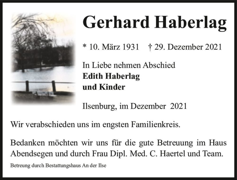 Traueranzeige für Gerhard Haberlag  vom 31.12.2021 aus Magdeburger Volksstimme