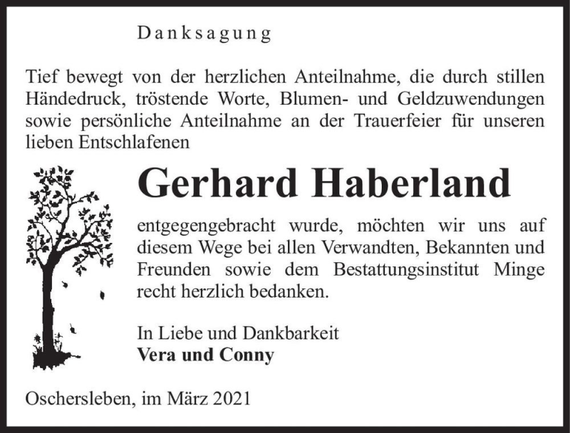  Traueranzeige für Gerhard Haberland  vom 20.03.2021 aus Magdeburger Volksstimme
