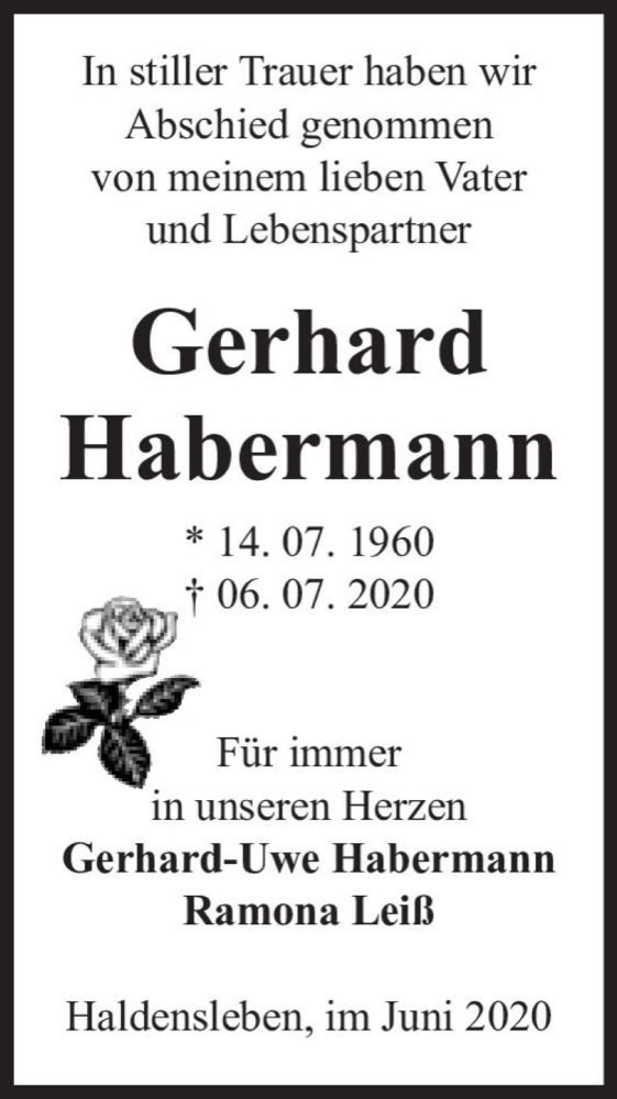  Traueranzeige für Gerhard Habermann  vom 15.08.2020 aus Magdeburger Volksstimme