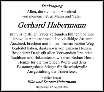Traueranzeige von Gerhard Habermann  von Magdeburger Volksstimme
