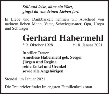 Traueranzeige von Gerhard Habermehl  von Magdeburger Volksstimme