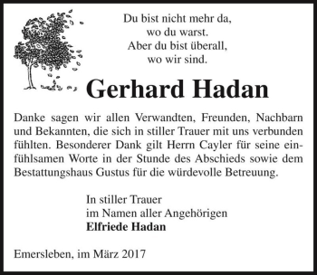 Traueranzeige von Gerhard Hadan  von Magdeburger Volksstimme