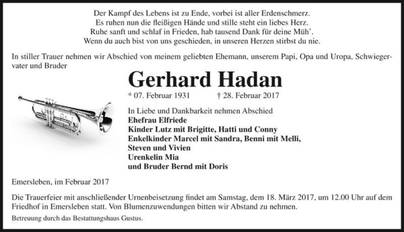  Traueranzeige für Gerhard Hadan  vom 04.03.2017 aus Magdeburger Volksstimme