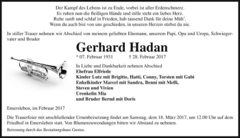 Traueranzeige von Gerhard Hadan  von Magdeburger Volksstimme