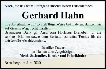 Traueranzeige von Gerhard Hahn  von Magdeburger Volksstimme