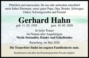 Traueranzeige von Gerhard Hahn  von Magdeburger Volksstimme