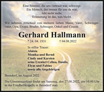 Traueranzeige von Gerhard Hallmann  von Magdeburger Volksstimme