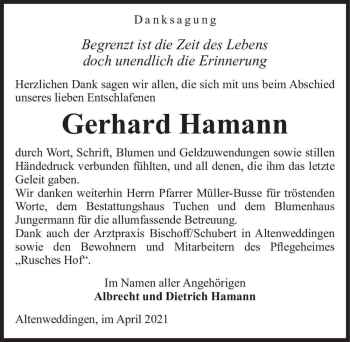 Traueranzeige von Gerhard Hamann  von Magdeburger Volksstimme