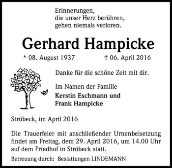 Traueranzeige von Gerhard Hampicke  von Magdeburger Volksstimme