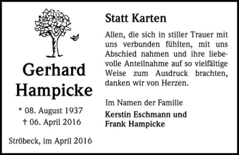 Traueranzeige von Gerhard Hampicke  von Magdeburger Volksstimme