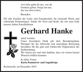 Traueranzeige von Gerhard Hanke  von Magdeburger Volksstimme