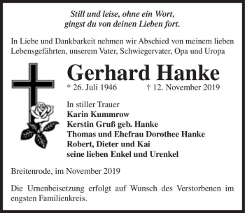 Traueranzeige von Gerhard Hanke  von Magdeburger Volksstimme