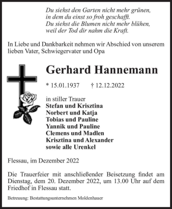Traueranzeige von Gerhard Hannemann  von Magdeburger Volksstimme