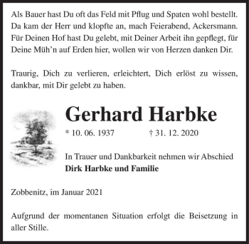 Traueranzeige von Gerhard Harbke  von Magdeburger Volksstimme