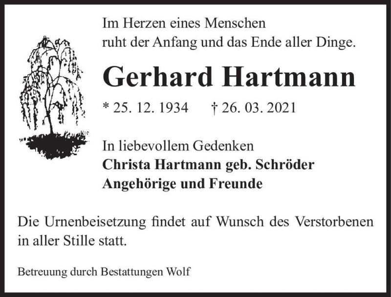  Traueranzeige für Gerhard Hartmann  vom 03.04.2021 aus Magdeburger Volksstimme
