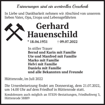 Traueranzeige von Gerhard Hauenschild  von Magdeburger Volksstimme