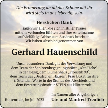 Traueranzeige von Gerhard Hauenschild  von Magdeburger Volksstimme