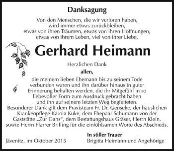Traueranzeige von Gerhard Heimann  von Magdeburger Volksstimme