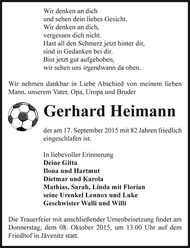  Traueranzeige für Gerhard Heimann  vom 19.09.2015 aus Magdeburger Volksstimme
