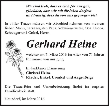 Traueranzeige von Gerhard Heine  von Magdeburger Volksstimme