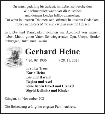 Traueranzeige von Gerhard Heine  von Magdeburger Volksstimme
