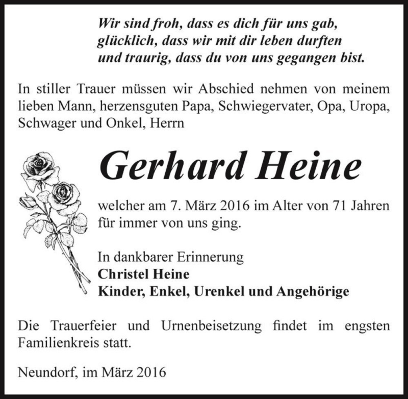  Traueranzeige für Gerhard Heine  vom 12.03.2016 aus Magdeburger Volksstimme