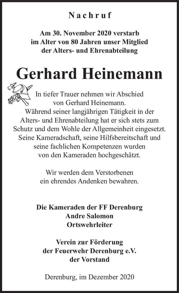  Traueranzeige für Gerhard Heinemann  vom 12.12.2020 aus Magdeburger Volksstimme
