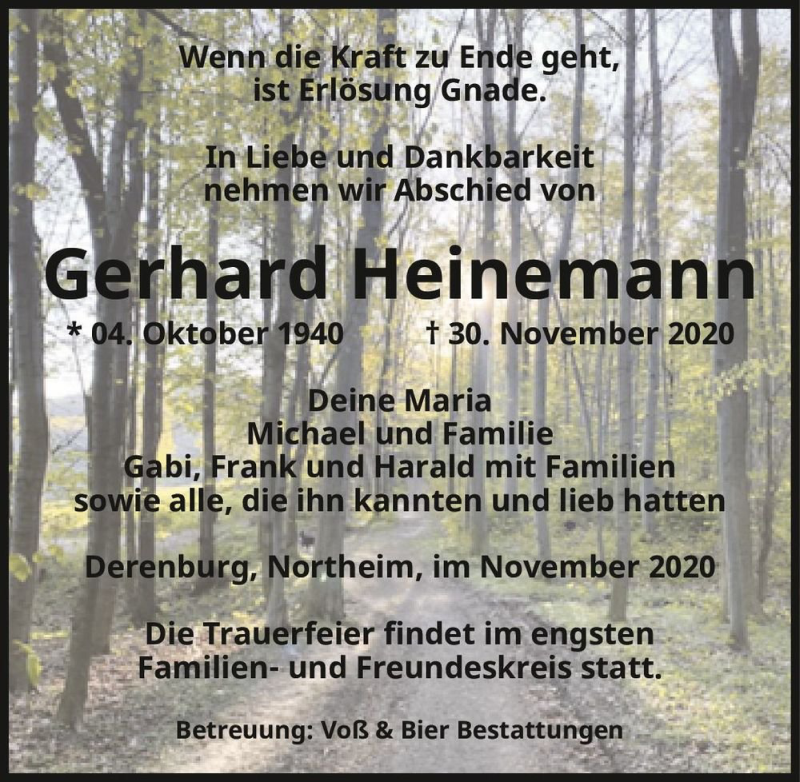  Traueranzeige für Gerhard Heinemann  vom 05.12.2020 aus Magdeburger Volksstimme