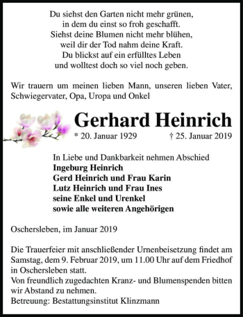 Traueranzeige von Gerhard Heinrich  von Magdeburger Volksstimme