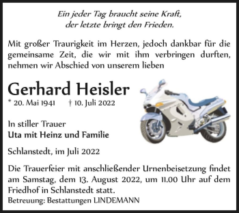 Traueranzeige von Gerhard Heisler  von Magdeburger Volksstimme
