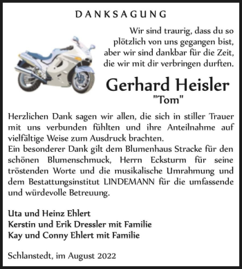 Traueranzeige von Gerhard Heisler “Tom“  von Magdeburger Volksstimme