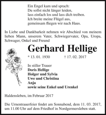 Traueranzeige von Gerhard Hellige  von Magdeburger Volksstimme
