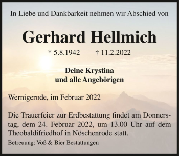 Traueranzeige von Gerhard Hellmich  von Magdeburger Volksstimme