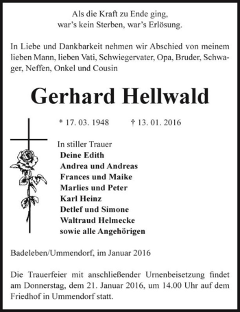 Traueranzeige von Gerhard Hellwald  von Magdeburger Volksstimme