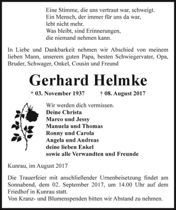 Traueranzeige von Gerhard Helmke  von Magdeburger Volksstimme