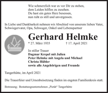 Traueranzeige von Gerhard Helmke  von Magdeburger Volksstimme