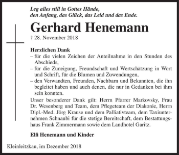 Traueranzeige von Gerhard Henemann  von Magdeburger Volksstimme