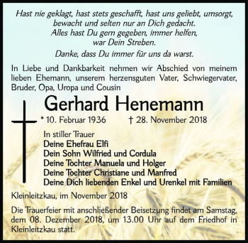 Traueranzeige von Gerhard Henemann  von Magdeburger Volksstimme