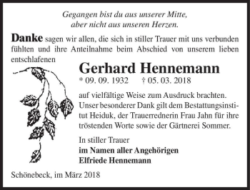 Traueranzeige von Gerhard Hennemann  von Magdeburger Volksstimme